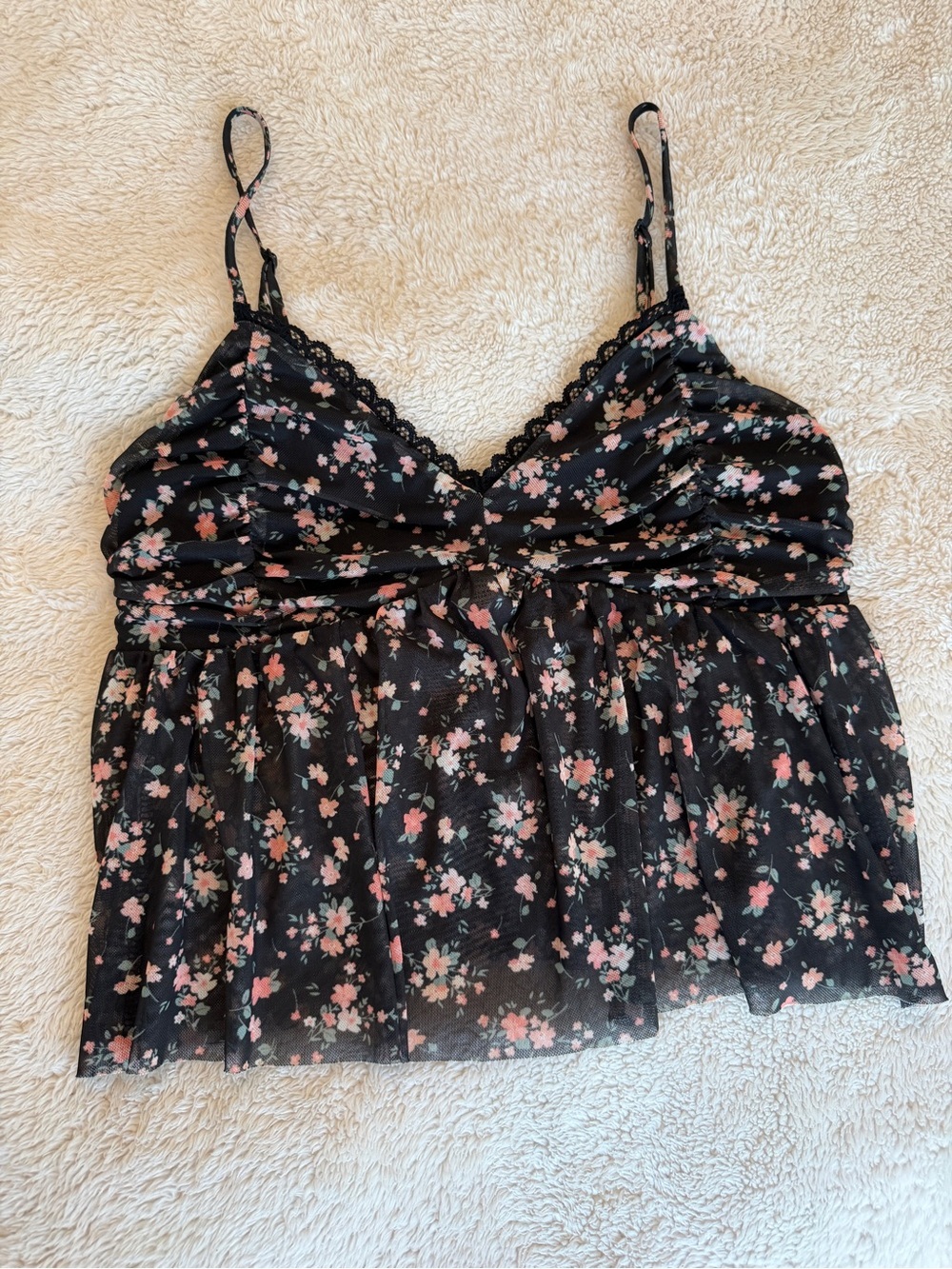 RSQ Black Floral Lace-Trim Camisole with Pink Accents